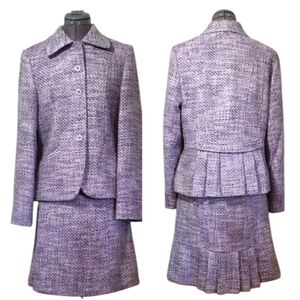 2Pc Tweed Blazer Skirt Set Back Pleats Tailored Fit Purple Pencil Dark Academia